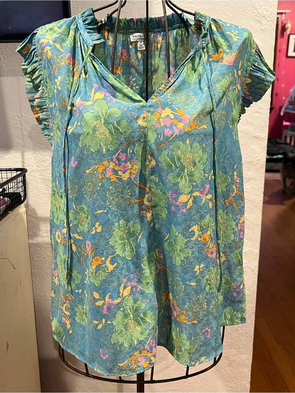 Current Air LA Cap-Sleeve V-Neck Floral Blouse - Teal Green